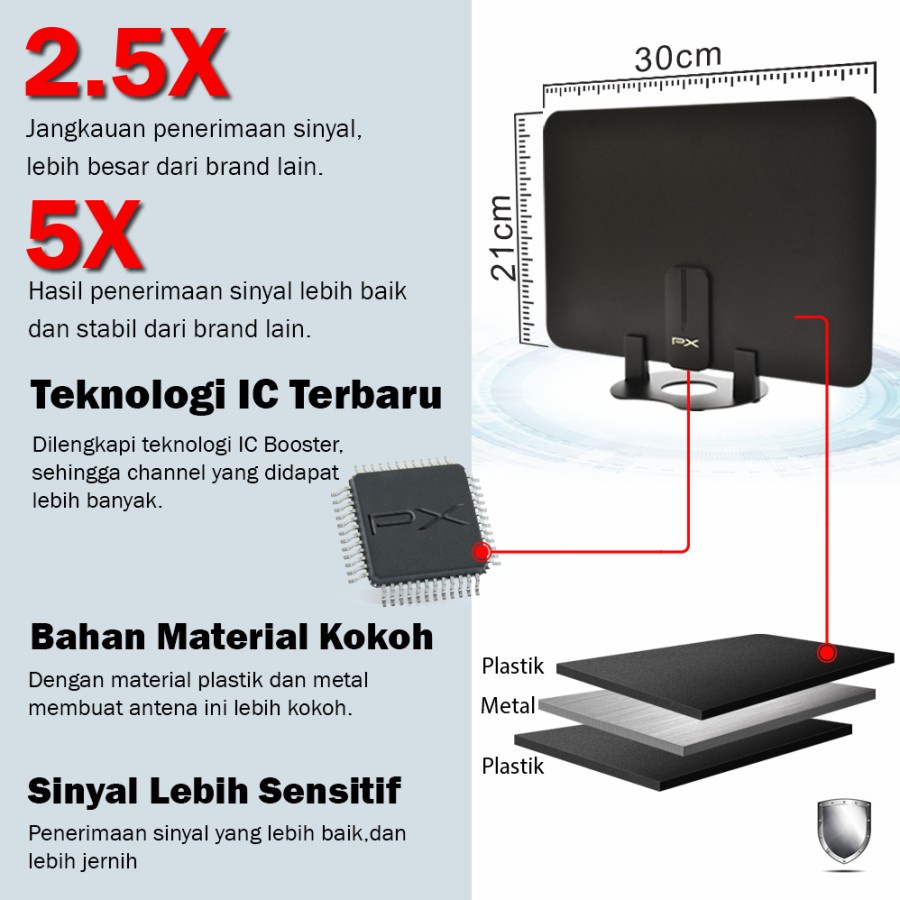 Antena TV Dinding Digital Analog Indoor DVB T2 + Booster PX UDA-3000A