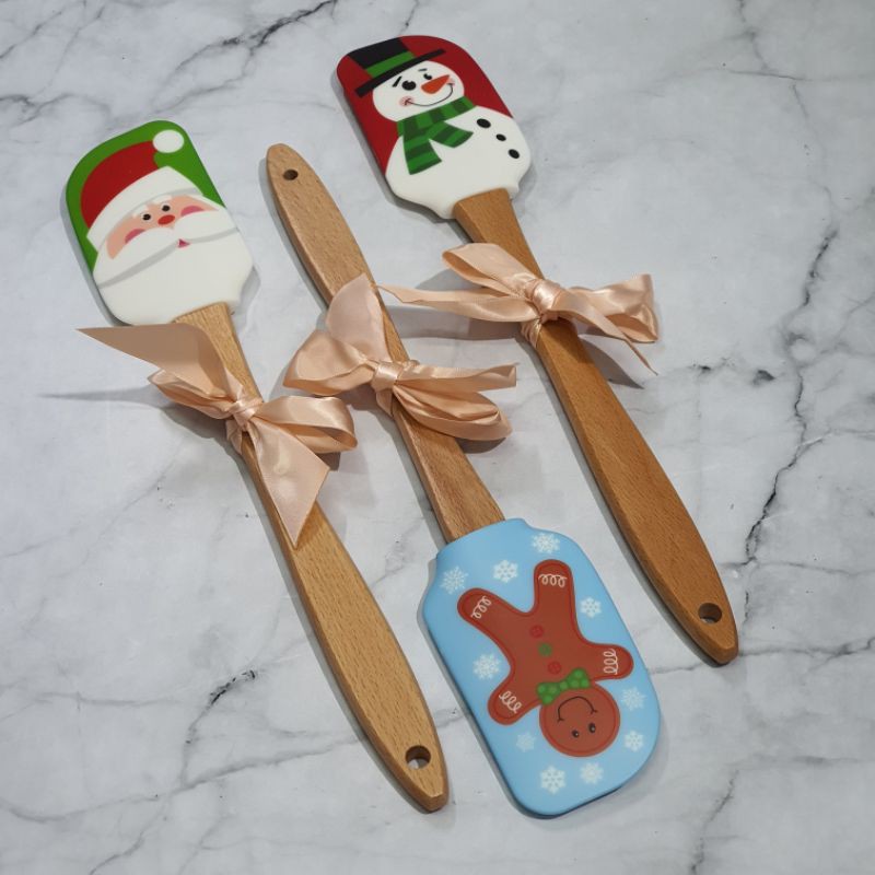 wooden xmas character silicone spatula / spatula gagang kayu gambar natal