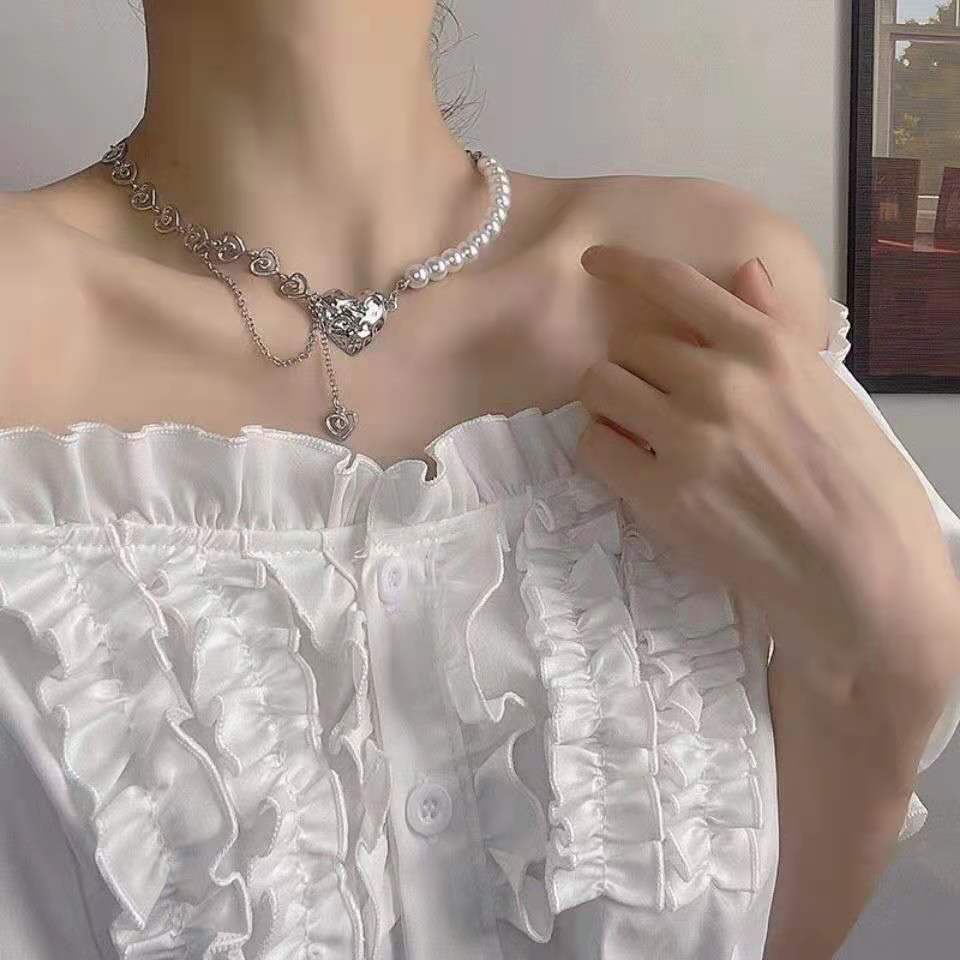 Pearl Silver Necklace Heart Pendant Elegant Splicing Chain Fashion Jewelry Accessories