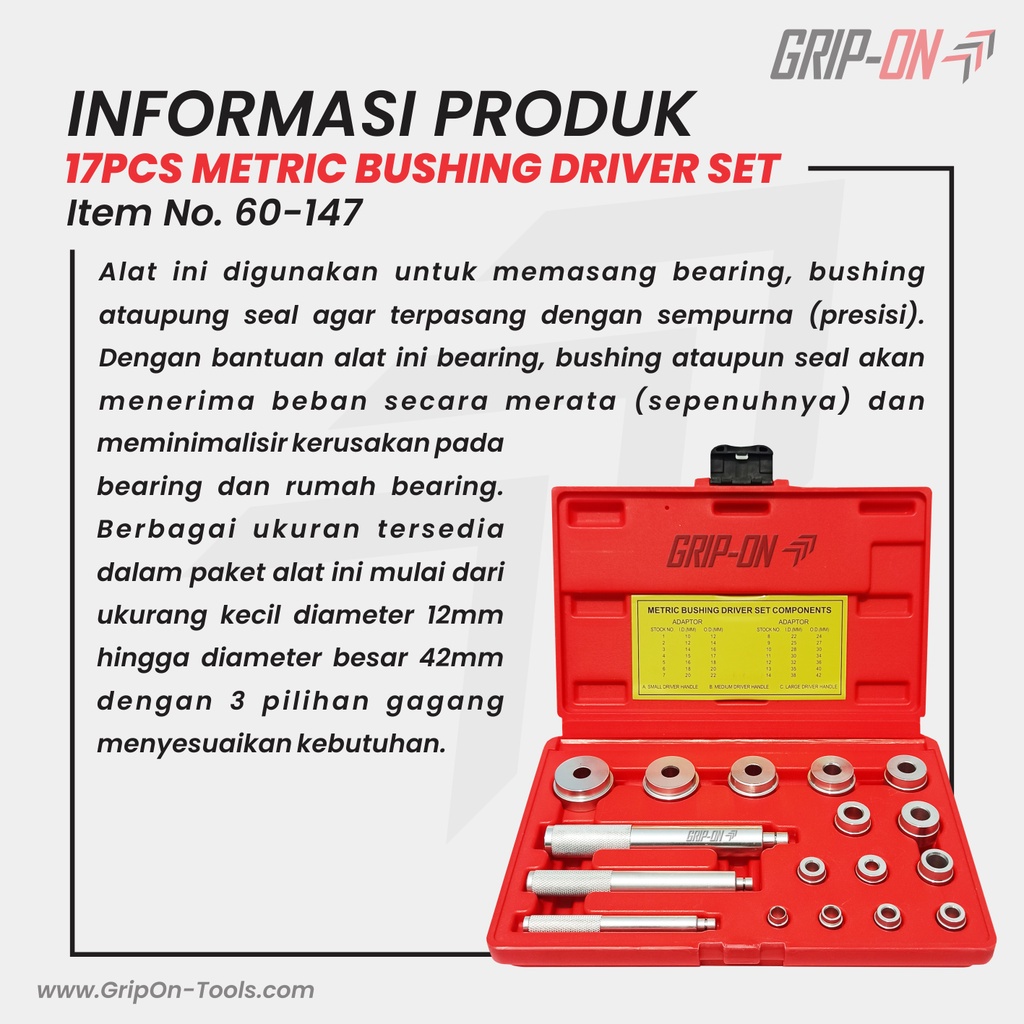 TERMURAH GRIP-ON METRIC BUSHING DRIVER SET 17-PC LEPAS PASANG BUSHING SEAL DRIVER 17 PCS 60-147