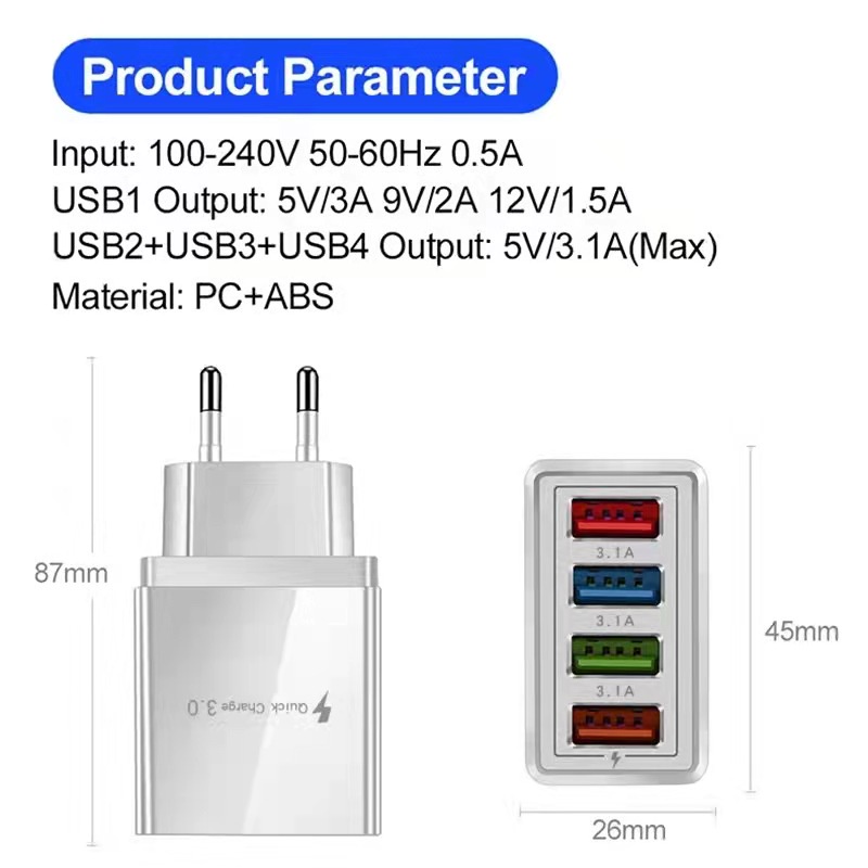 ready★cod fast charge Adaptor pengisi daya USB QC 3.0 4 port tidak mendukung pengisian cepat globallagilaku