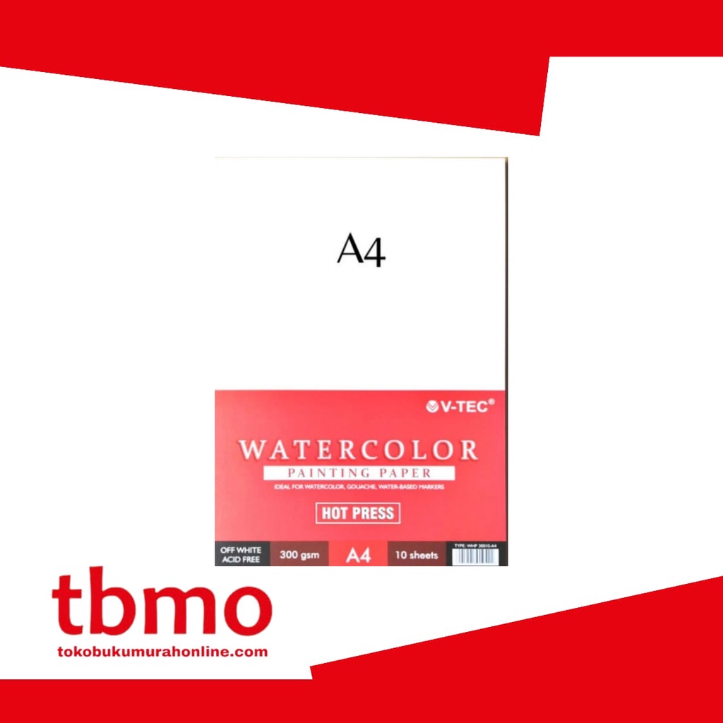 

TBMO WATER COLOUR PAINTING PAPER WHP 30010 10SHEETS/300GR UK.A4 HOT PRESS V-TEC / KERTAS GAMBAR / KERTAS LUKIS