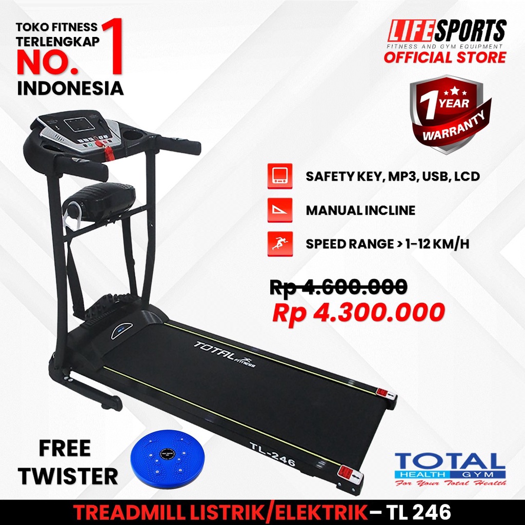 TOTAL HEALTH GYM - New Alat Olahraga Fitness Gym Sport Latihan Kardio Walking Pad Treadmill Listrik Elektrik Total TL 246 + Massager