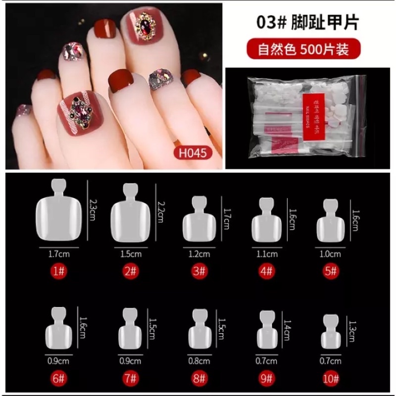 500pcs TOE FAKE NAILS KUKU PALSU KAKI 9 UKURAN KUPAL KAKI NAIL ART NAILART KUTEK GEL KUPAL