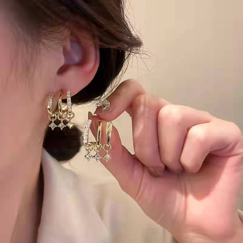 Anting Tusuk Gantung Wanita Desain Geometri Multi Layer Hias Mutiara + Zircon Gaya Korea Untuk Pesta