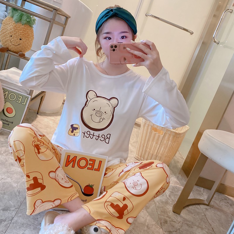 Baaju.id Set Piyama Import Baju Tidur  Lengan Panjang Celana Panjang Baju Tidur Wanita KR1002-BEAR PUTIH