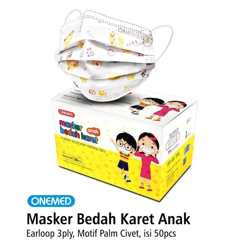 Masker Medis Karet Anak Motif Palm Civet OneMed Box Isi 50Pcs