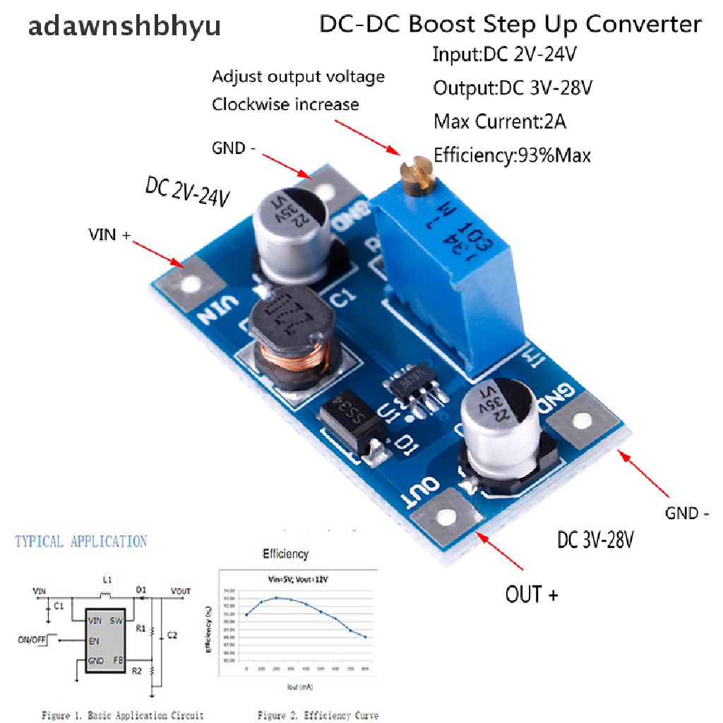 Adawnshbhyu 2A DC-DC boost step up volt converter power supply 2V-24V Ke 3v 5v 6v 9v 12v 19v