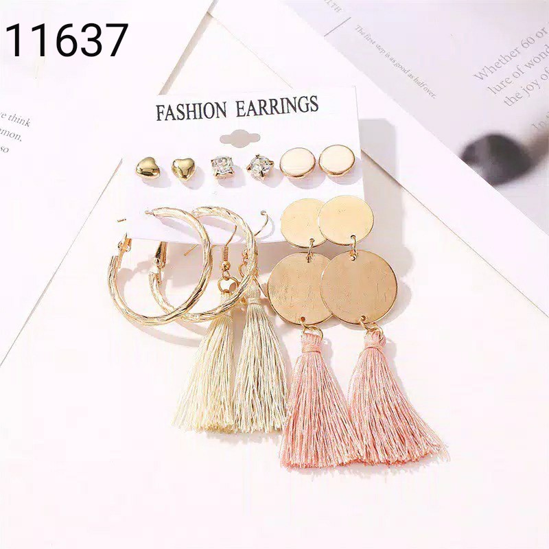 Anting set isi 6 wanita Rumbai hoop Etnik Wind series SKY