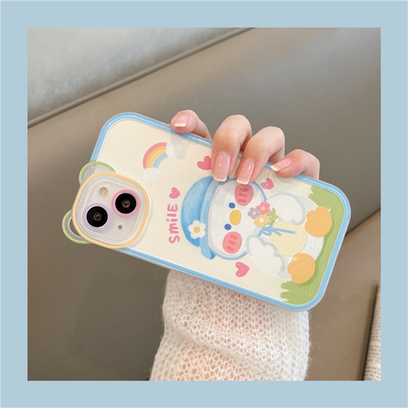Soft Case Silikon Motif Bebek Beruang Putih Untuk Compatible for iPhone 14 13 12 11 Pro Max X Xr Xs Max iPhone 8 7 6 6s Plus SE 2020 White Duck Phone Case Bear Frame Full Cover Soft Silicone Shockproof Phone Protective Cover