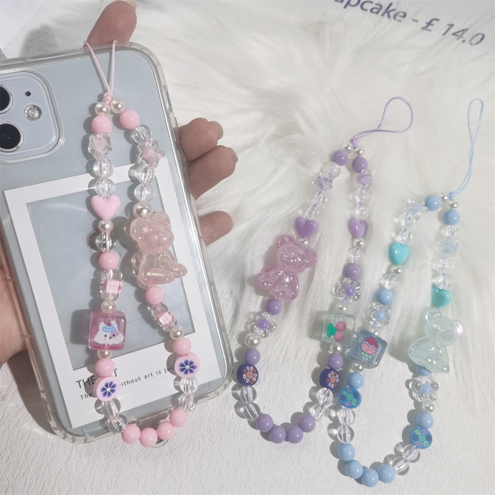 Beruang Lucu Kartun Rantai Ponsel Anti Hilang Tali Strap Lanyard Manik Akrilik Case Ponsel Gantung Cord Charm L46-1 L46-2 L46-3
