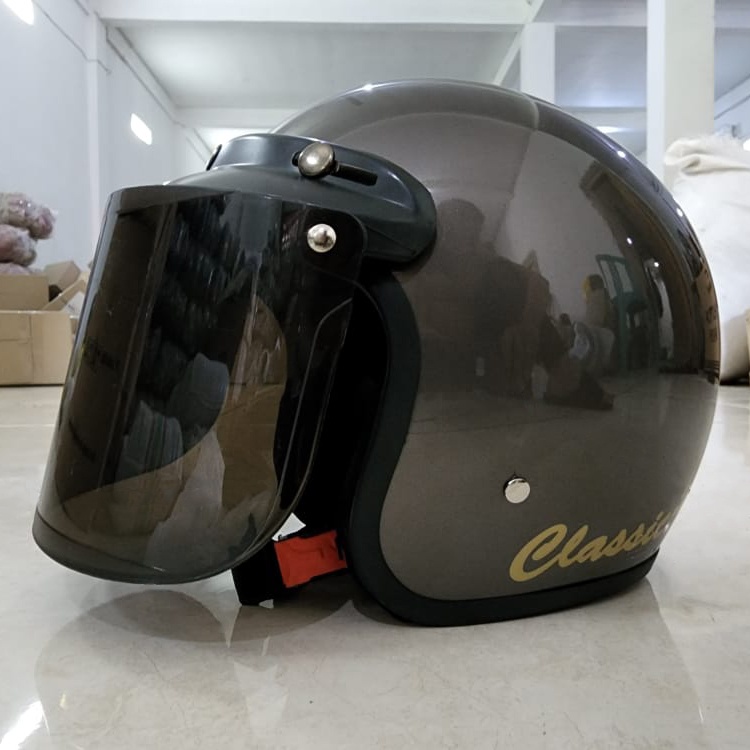 Helm Bogo Retro Dewasa Pria Wanita Polos Klasik SNI Motor-abu abu kilap