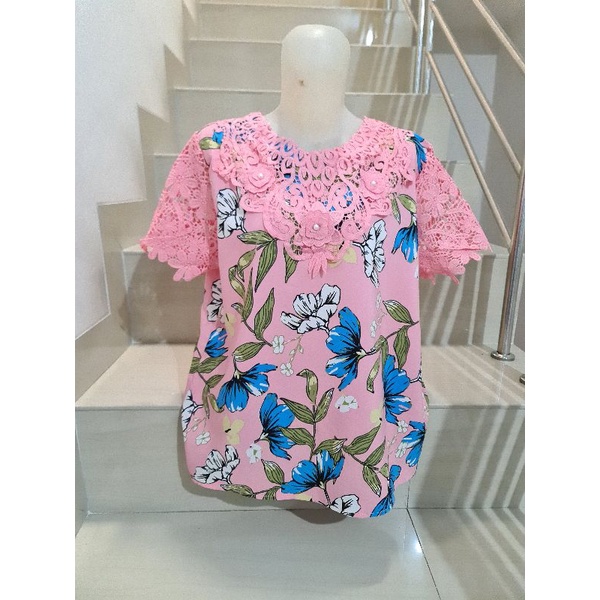 Blouse Brukat Bunga Renda Combi Brukat Impor XL-2XL-196 - Pink Ld 104