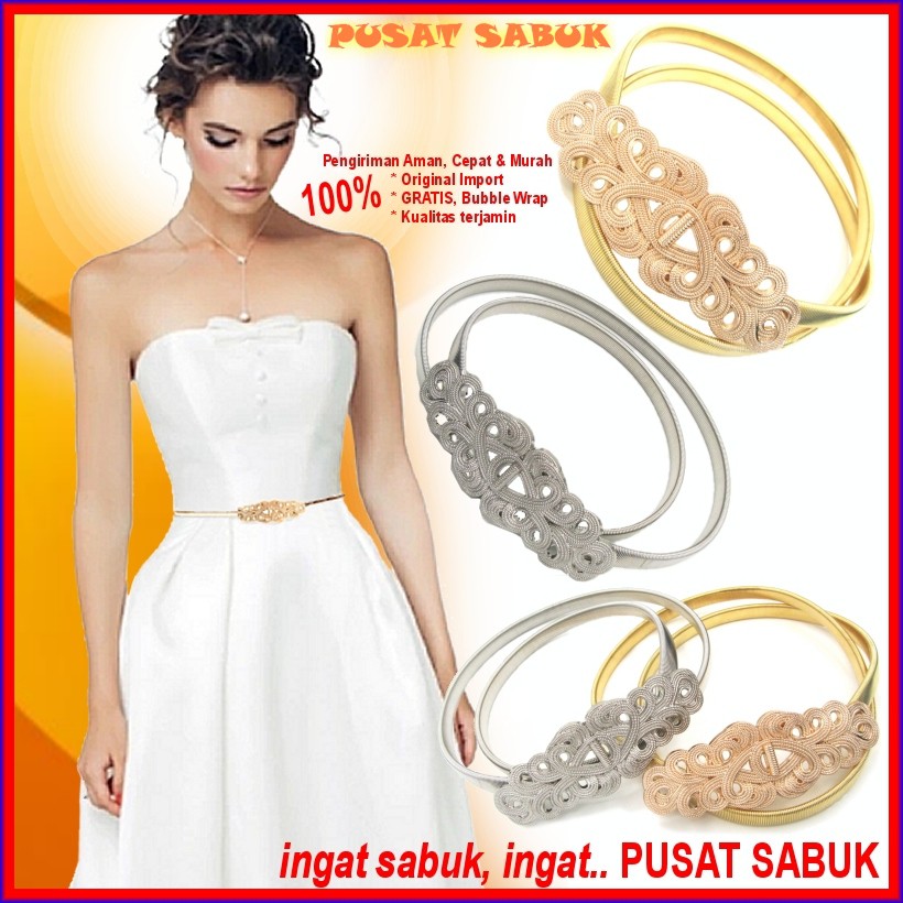 Sabuk Belt Per Fashion Ikat Pinggang Gesper Dress Cewek Daun emas Elastis Gold Wanita obi Karet baru