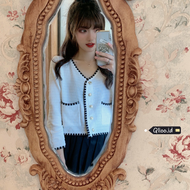Atasan crop top model lengan panjang kardigan rajutan gaya Korea untuk wanita