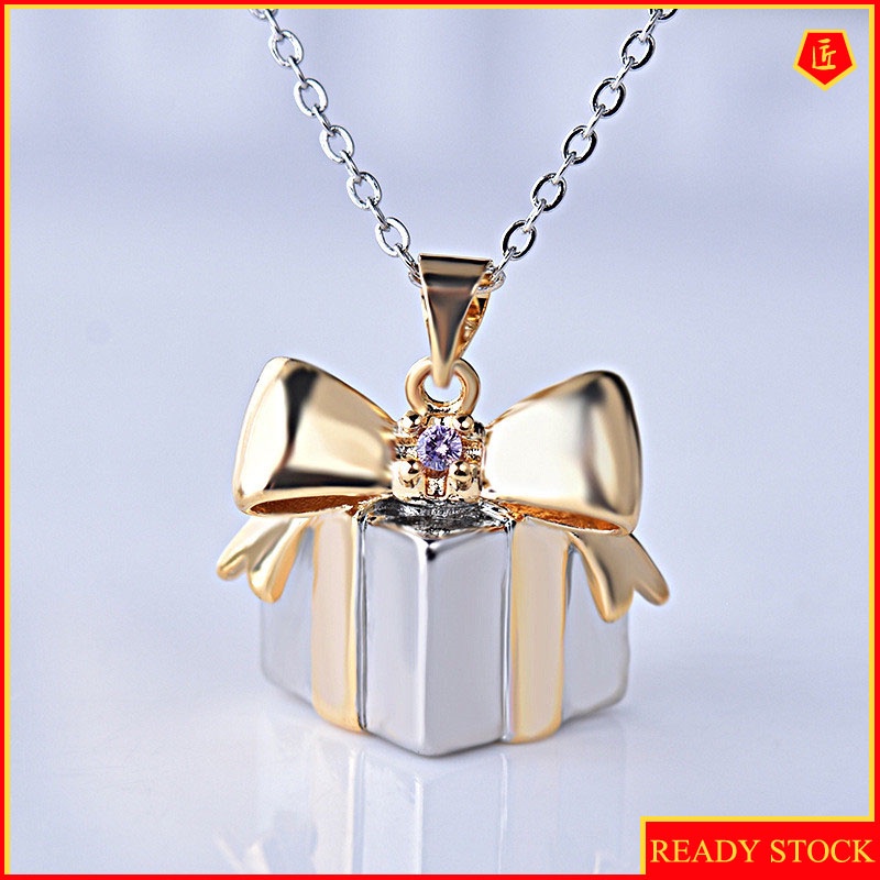 [Ready Stock]Christmas Gift Box Jeweled Pendant 18K Gold Plated Two-Tone Necklace