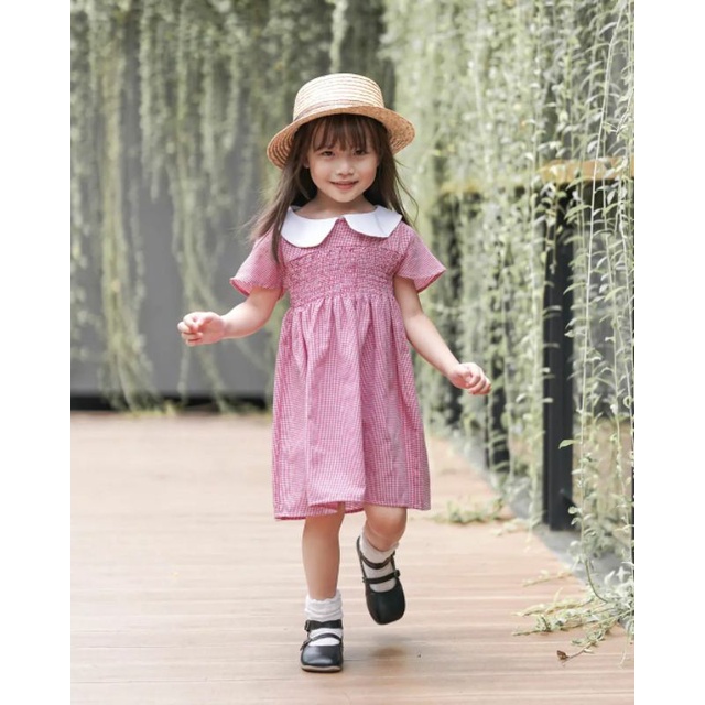 Iblossom collar smocked dress gaun anak premium