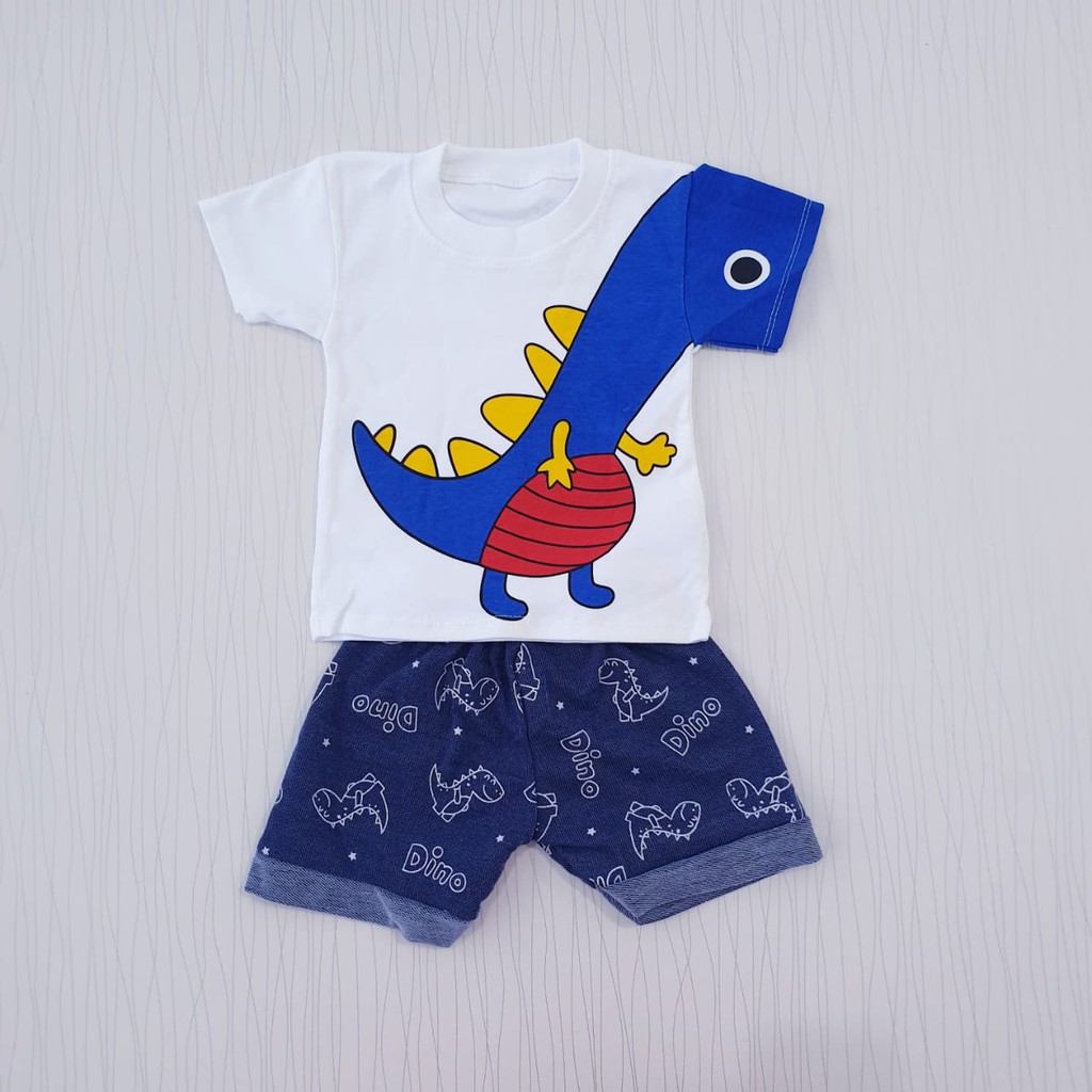 setelan pakaian anak laki laki dino biru / baju bayi  casual