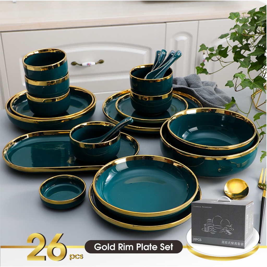 Set 9 &amp; 26 PCS Piring Mangkok Makan Hijau Keramik Pinggiran Emas Cantik Ceramic Mewah Western Steak Gold Rim Plate