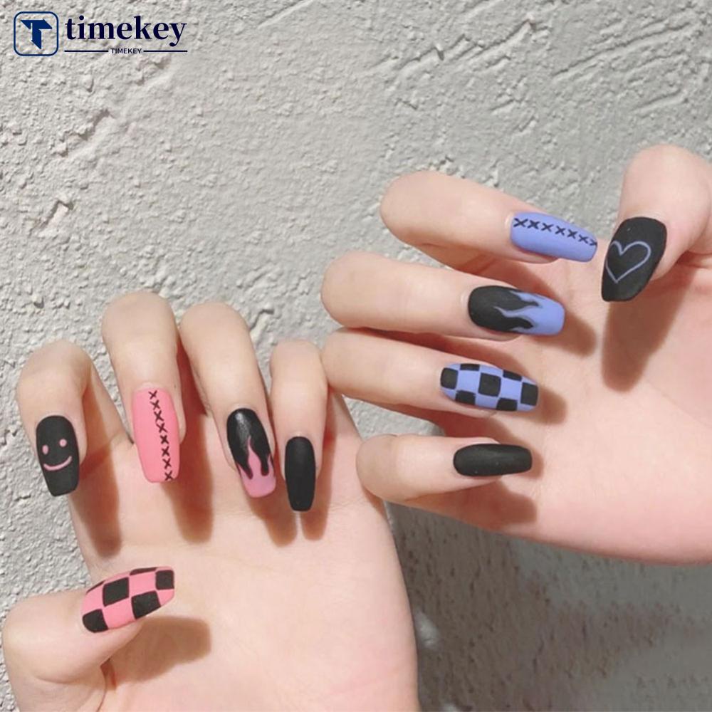 Timekey 24Pcs Kuku Palsu Panjang Matte Frosted Motif Api Biru Ungu Untuk Nail Art A7K1