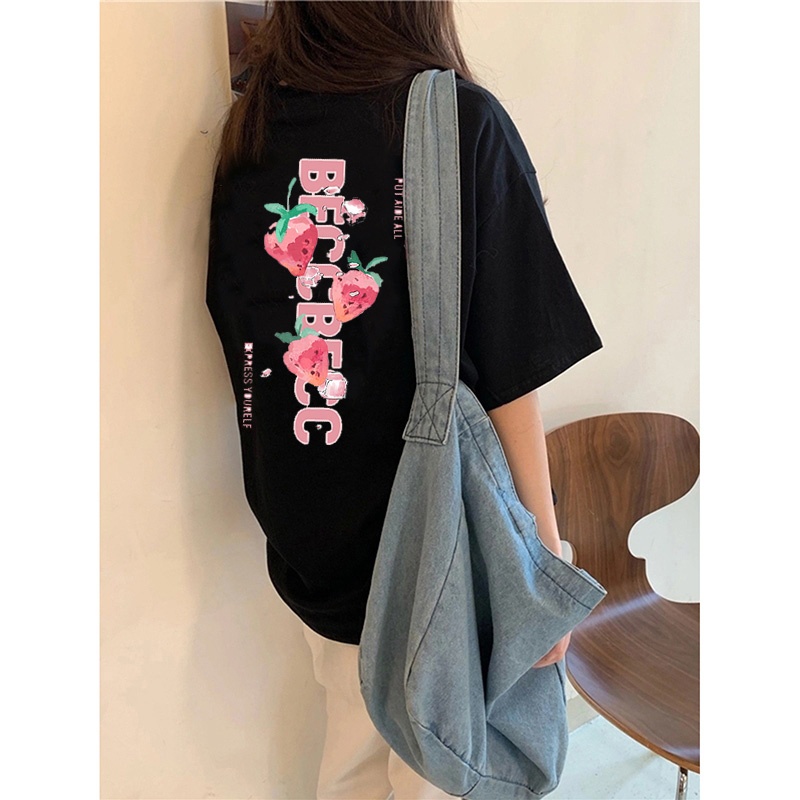 kaos oversize atasan wanita letters strawberry graphic printing baju korean style short sleeve kaos