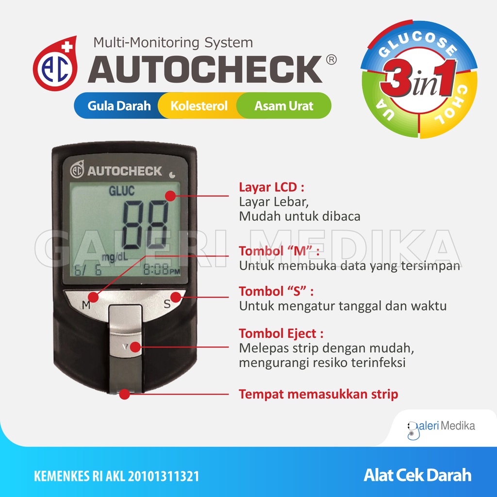 Autocheck GCU 3 in 1 Alat Cek Kadar Gula Darah, Asam Urat, Kolesterol