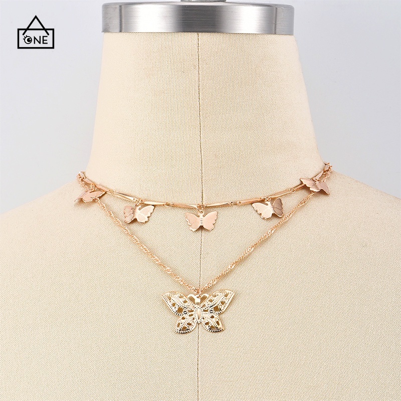 COD❤Liontin Kupu-kupu Baru Kalung Multi-layer Kreatif Retro Emas Alloy Kalung Double-layer A one