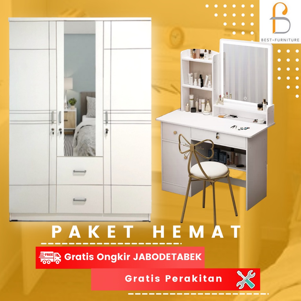 GRATIS ONGKIR + RAKIT Paket Hemat-06 Furniture Ruang Kamar Lemari Pakaian 3Pintu BW008 dan Meja Rias