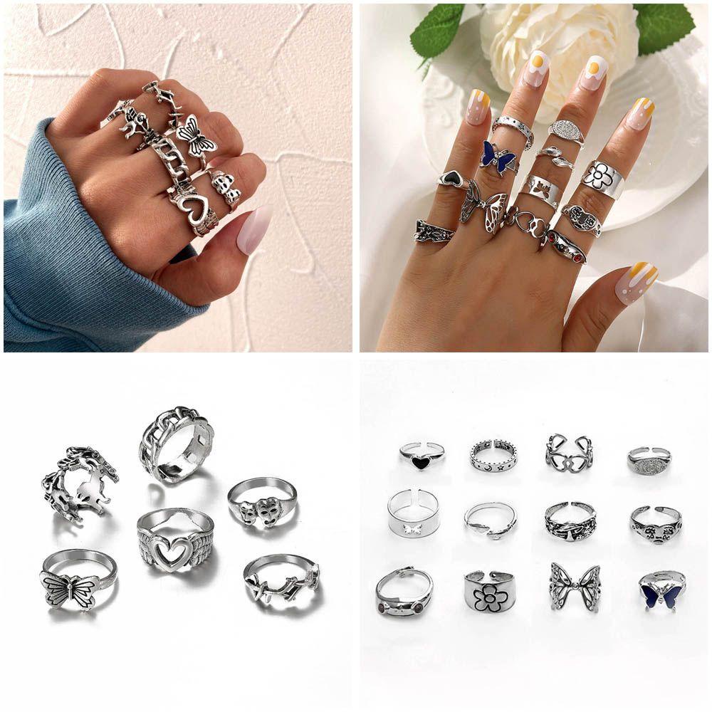 Lily Butterfly Rings Set Lucu Kesederhanaan BFF Perhiasan Fashion Bohemian Handmade Terbuka Rings