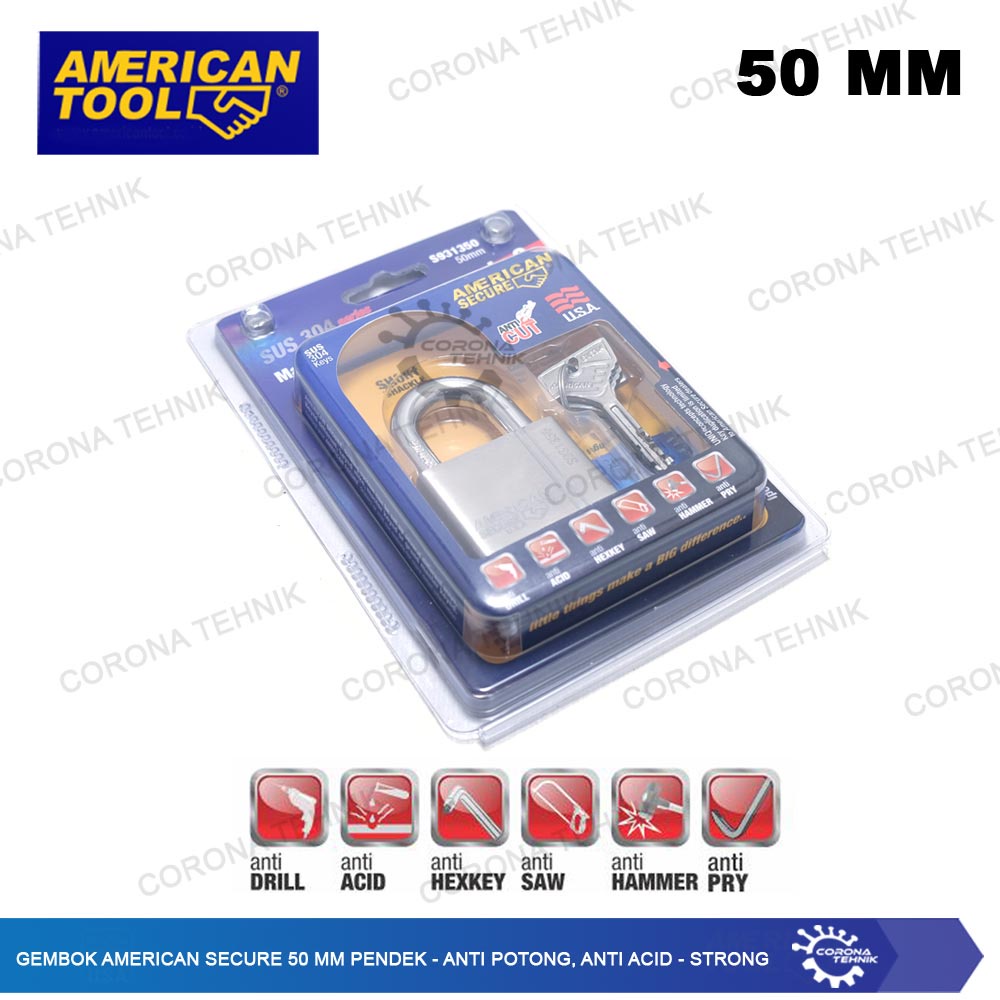 American - Gembok Secure 50 mm Pendek - Anti Potong, Anti Acid - Strong