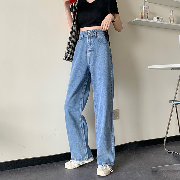 Fashion wanita Korea celana denim high waist jeans celana panjang straight pants loose celana jeans wanita