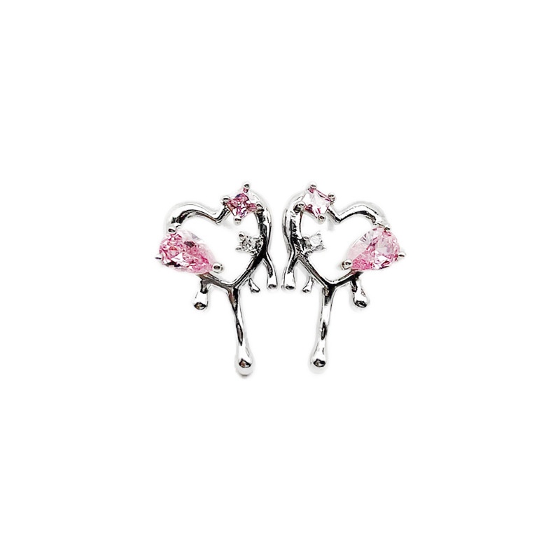 Anting Tusuk Gantung Bahan Metal Desain Hati Hias Zircon Pink Gaya Vintage / Korea Untuk Wanita