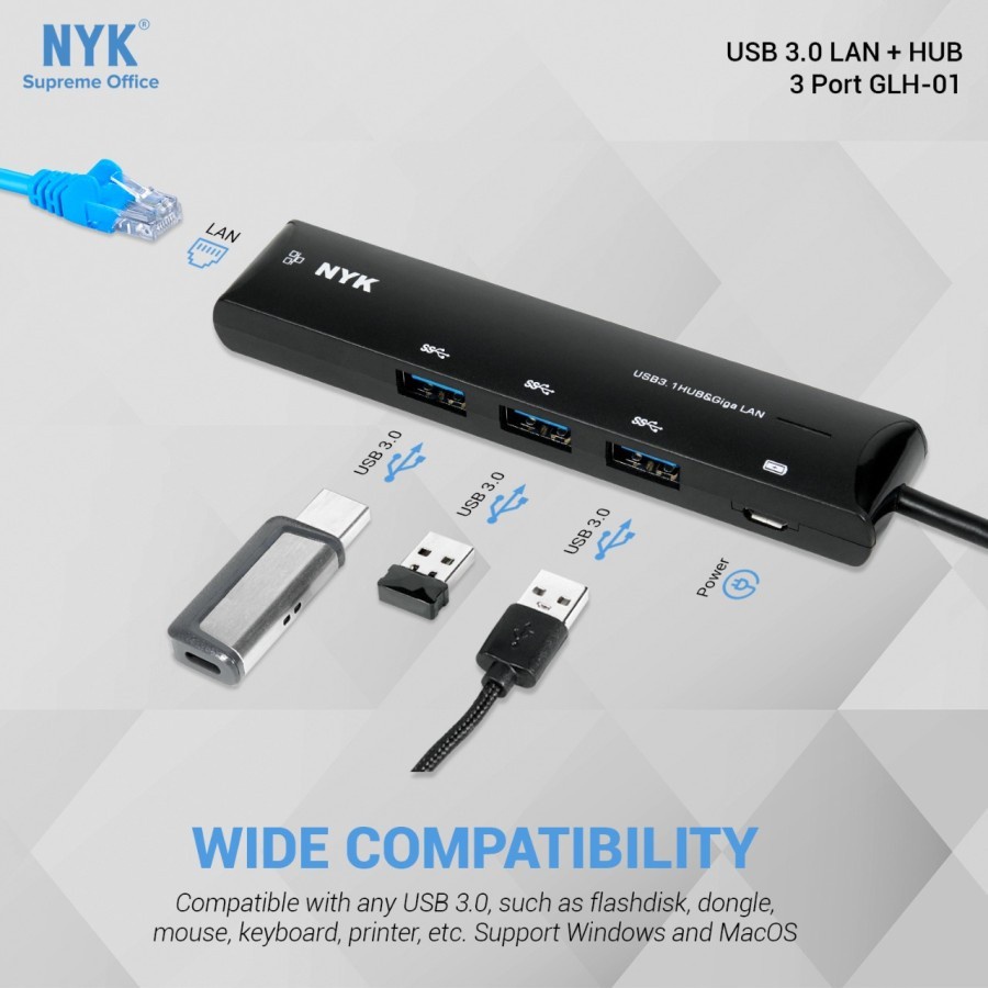 USB HUB NYK 3.0 3 Port LAN + Type-C 3.1 GLH-01