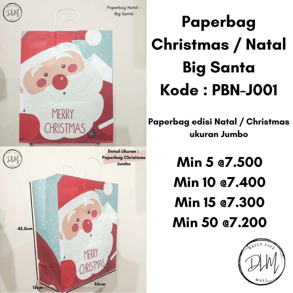 

1 pak isi 5 pcs Paperbag Natal / Paperbag Christmas / Tas Natal / Tas Christmas Jumbo