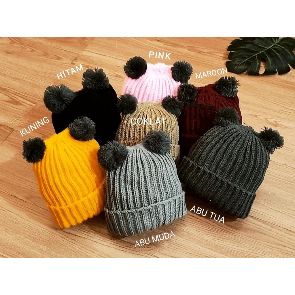 Klik Mds Topi Bayi Laki-Laki Perempuan Motif Kupluk Pompom / Topi Anak Bayi Usia 0-12 Bulan-1