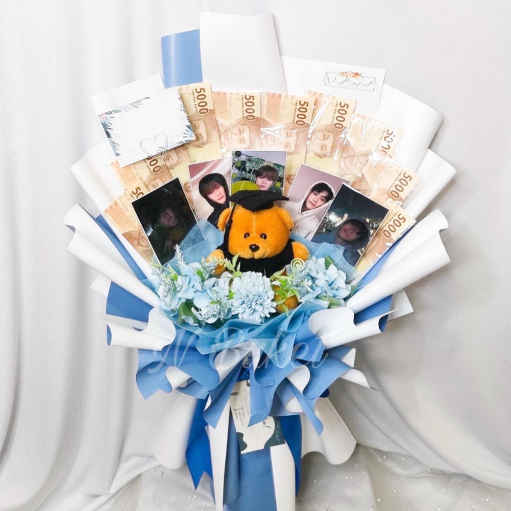 BUKET UANG 10 LEMBAR LENGKAP BONEKA FOTO / BUKET BIRU FOTO BTS / JASA MONEY BOUQUET / BUKET WISUDA/ 