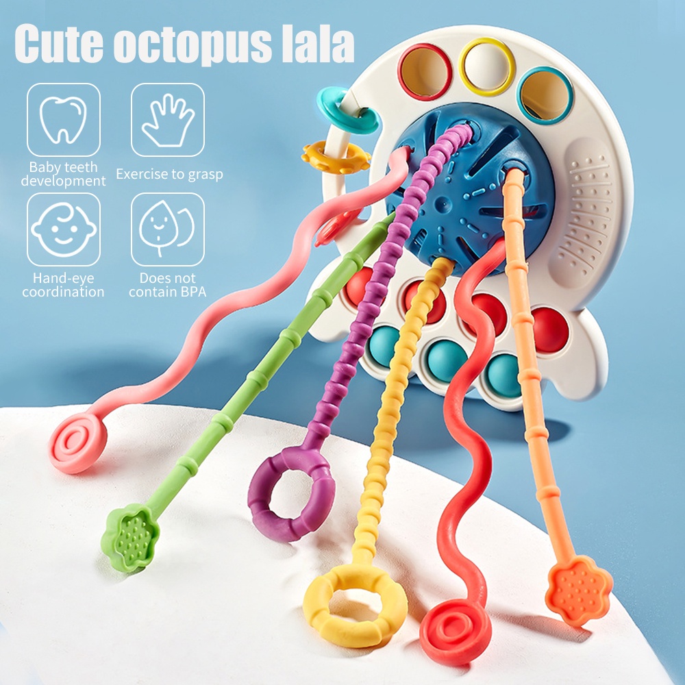 Mainan Teether Bentuk Gurita Bahan Silikon Untuk Melatih Sensorik Bayi