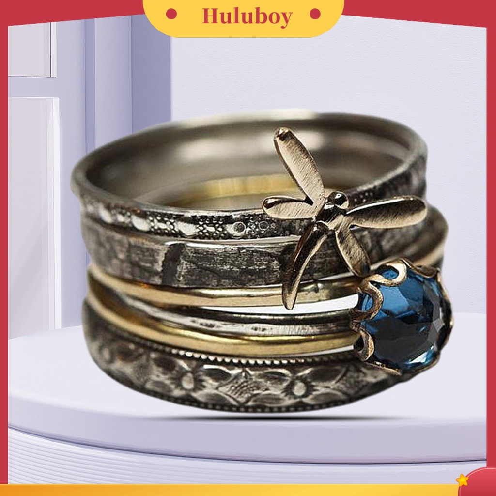 Hu Hu Hu Hu Hu Alat Bantu Pasang Kacamata♡ Cincin Jari Multilayer Desain Capung Aksen Kristal Imitasi Warna Biru Gaya Vintage Untuk Kencan