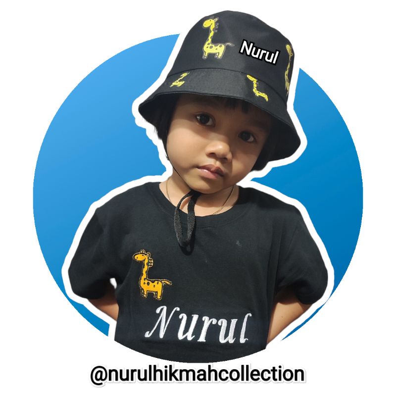 Kaos Anak Unisex Tangan Pendek + Bucket Jerapah Custom Bordir Nama Request