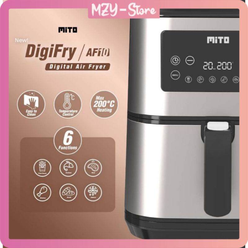 Mito Grande AF10 Air Fryer Digifry AF 10 Touch Screen Low Watt Air Prayer Alat Penggorengan Masak Tanpa Minyak Kapasitas 6 Liter - Original Garansi Resmi (FREE Food Tong)