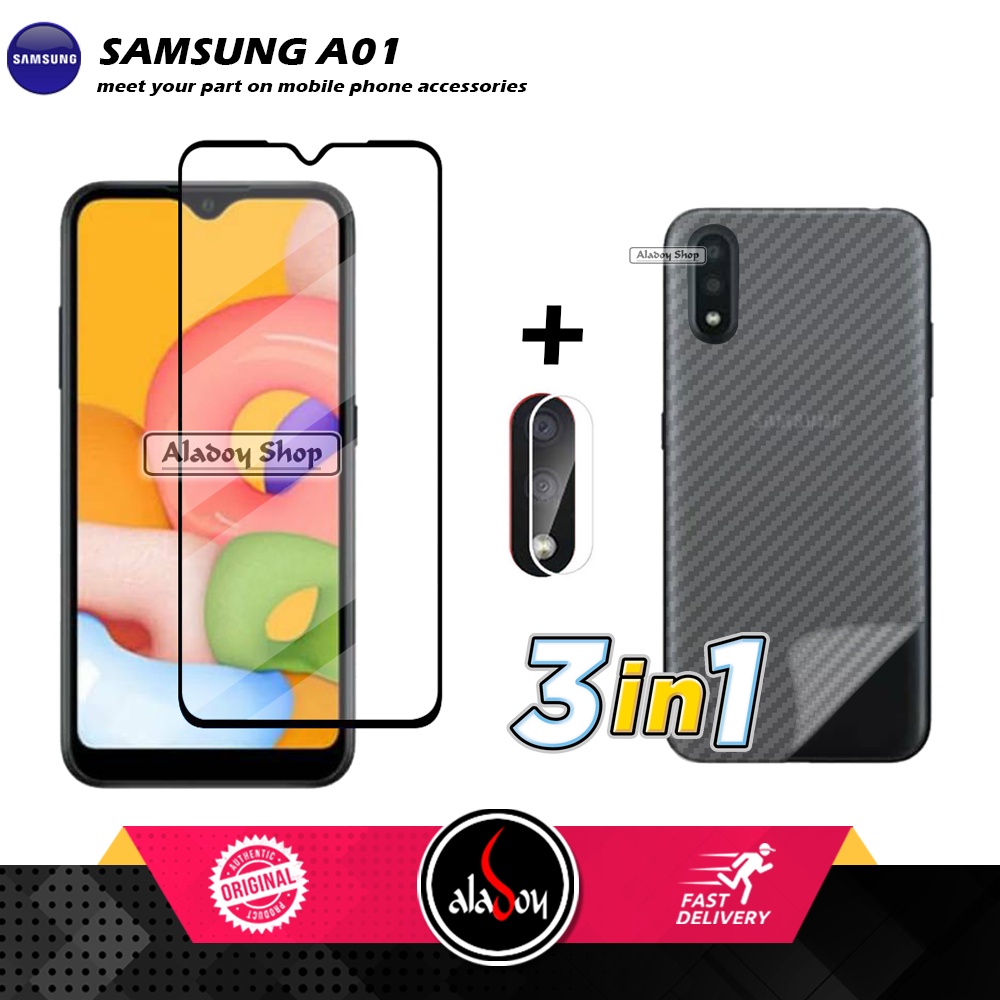 PAKET 3 IN 1 Tempered Glass Layar Smaung A01 Free Tempered Glass Camera dan Skin