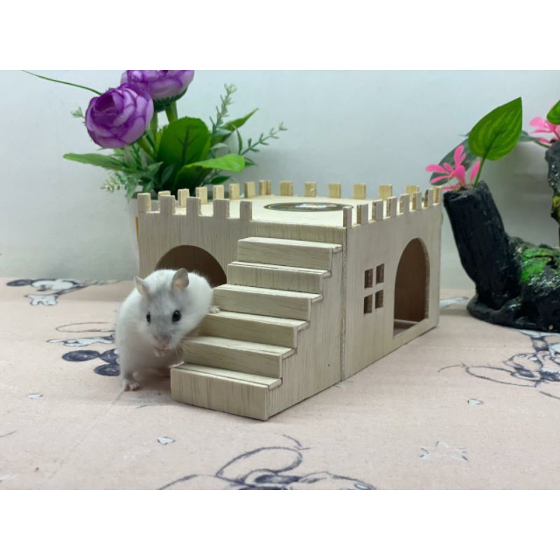 Rumah Hamster Istana Benteng 2 sisi Pintu Mainan Hamster Model Kayu