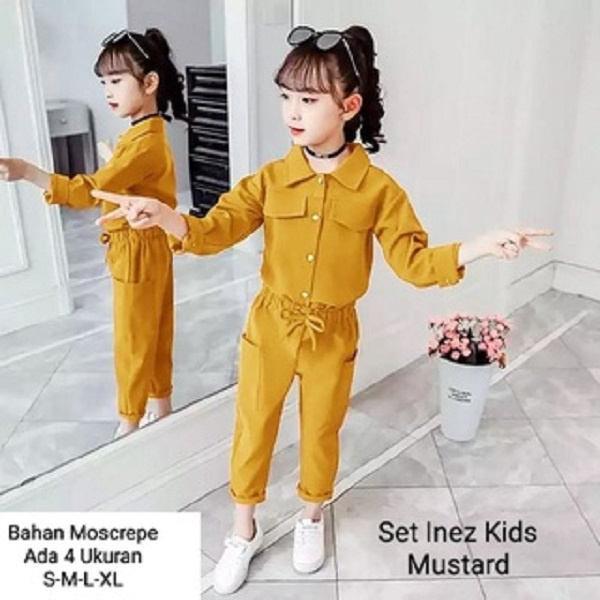 Stelan Kemeja Anak Perempuan import korea/Set Inez Kids 3-11 Tahun Lengan Panjang Celana Panjang/Matt Moscrepe