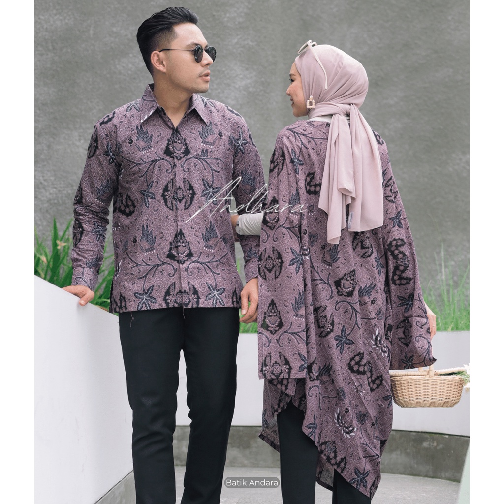 Couple Batik  Modern Kondangan Keluarga Kemeja Kaftan Set WAHYU UNGU CPL