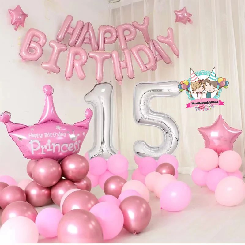 WINDBLOWN BALON SET HBD BIRTHDAY PINK GIRL PRINCESS / DEKOR ULTAH ANAK CEWE CANTIK MAHKOTA PUTRI