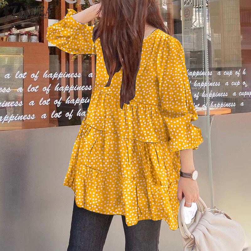 ZANZEA Women Long Sleeve O-Neck Back Buttons Printing Spliced Pleated Loose Blouse