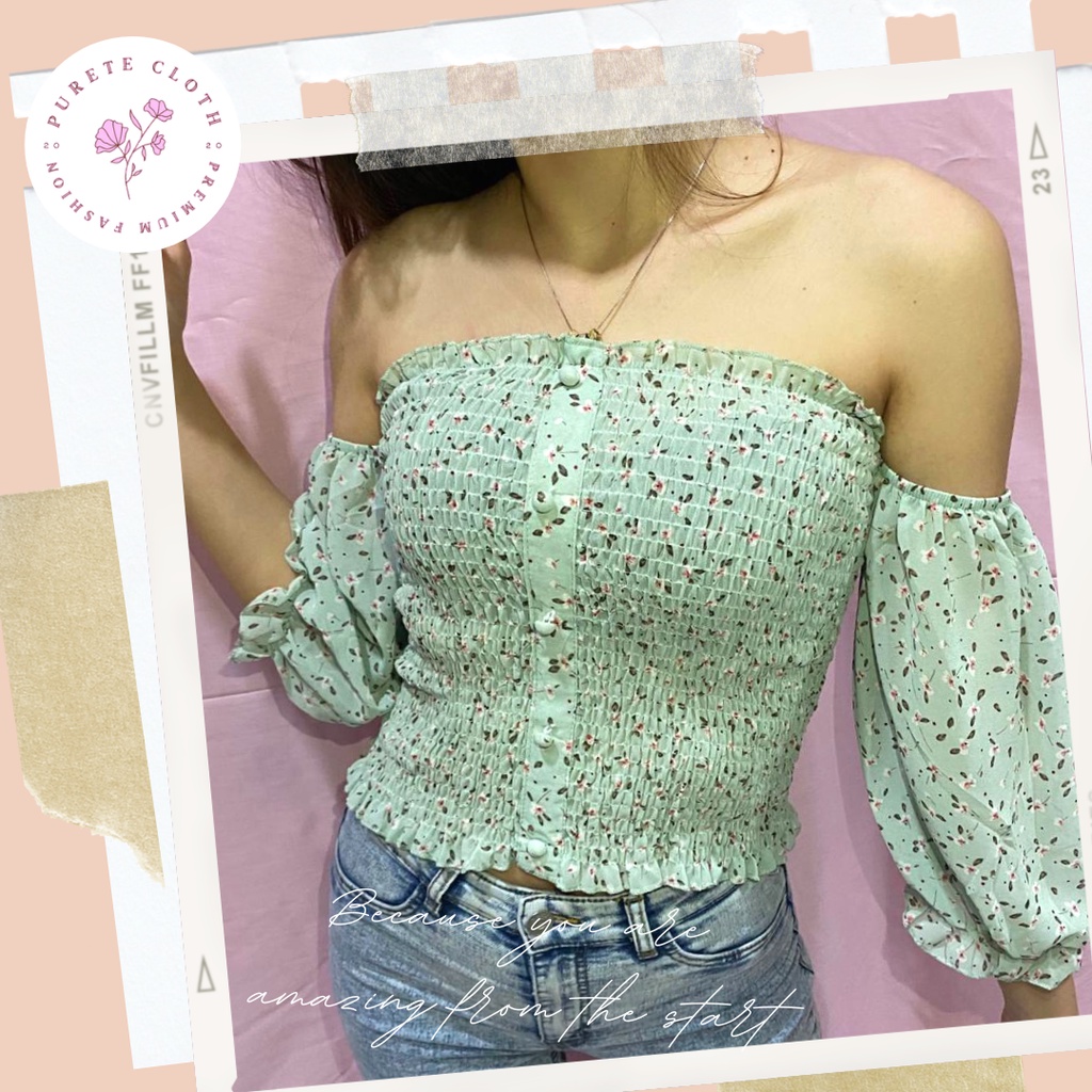 Fnjeans Crop Top Wanita Import Premium / Atasan Sabrina Blouse Wanita / Baju Crop Wanita Motif Bunga