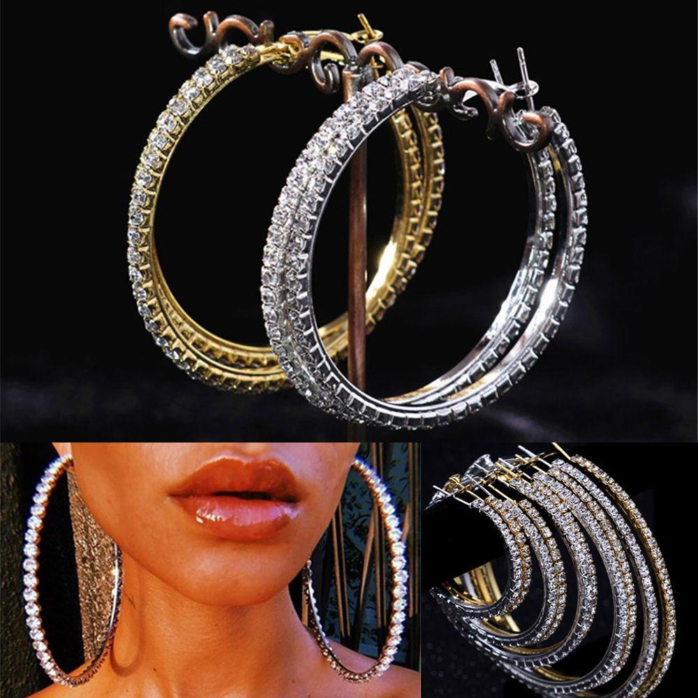 Chookyy Anting Hoop Kristal Shiny Bulat Lingkaran Besar Berlian Imitasi Menjuntai Perhiasan