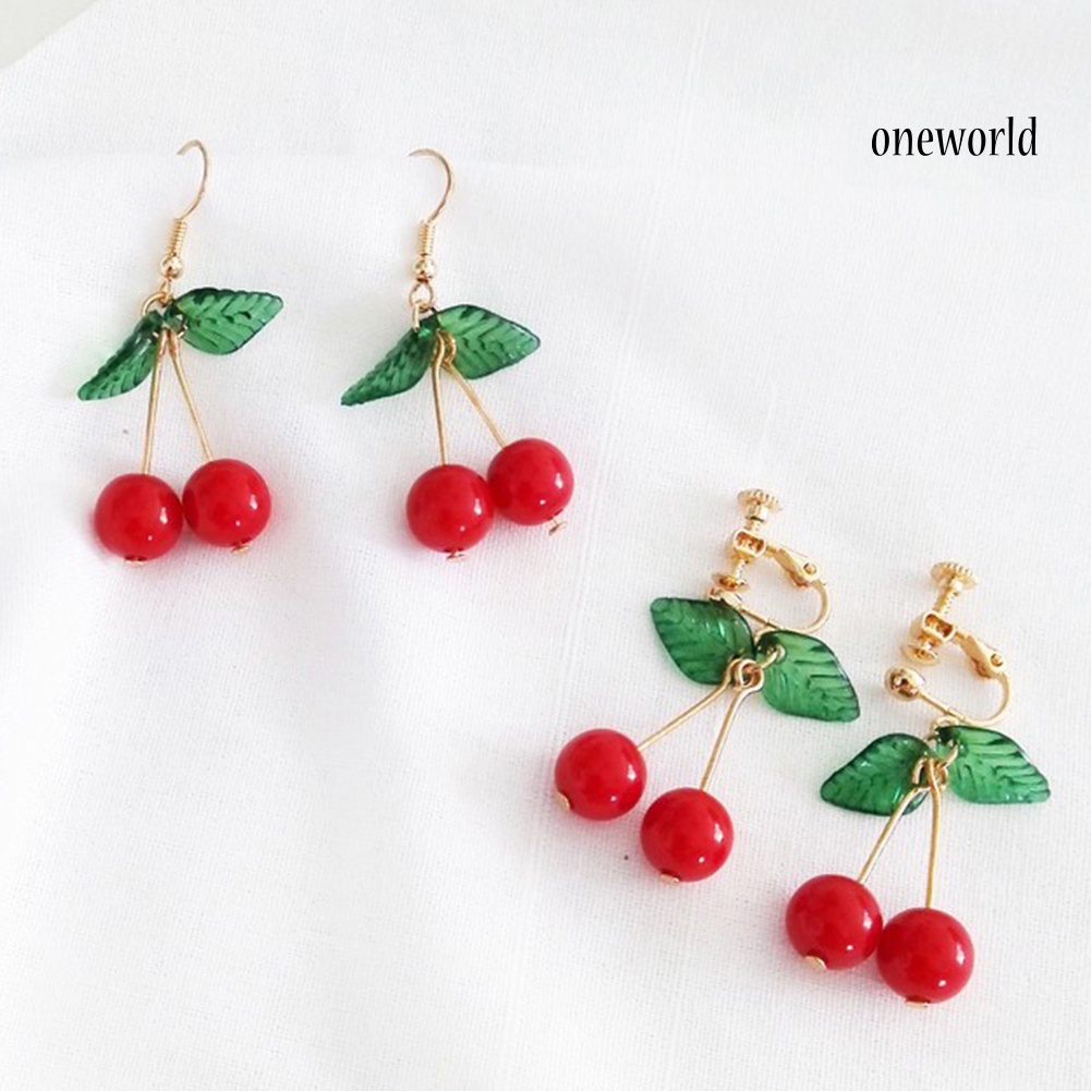 OW@ Sweet Fruit Green Leaf Red Cherry Dangle Women Ear Hook Clip Earrings Jewelry