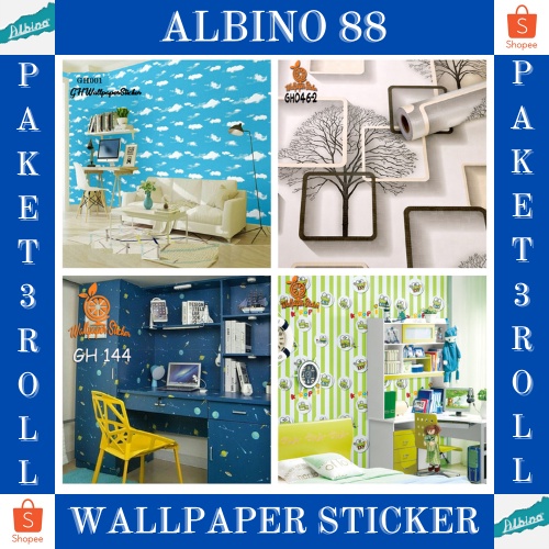 TERMURAH PAKET Wallpaper 3 ROLL Stiker Dinding Motif Dan Karakter Premium Quality MOTIF SALUR / BATIK / KOTAK / MODERN ( BUY 2 GET 1 FREE )